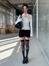 Collar See-Through Stripe Long Sleeve T-Shirt