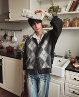 Harvers Argyle Color Matching Knit Cardigan