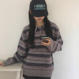 Warbing Stripe Button Collar Knitwear