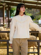 High-Neck Lace-Frill Blouse (Beige)