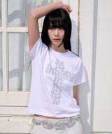 フラワークロス スリムTシャツ - ホワイト