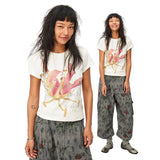 ニット花柄プリントスキニーハーフスリーブTシャツ