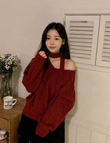 Laura Twist Loose V-neck Wool Knit +Tie Set (6color)