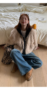Eyes Hooded Layered Fur Zip-Up Jacket
