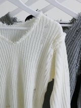 ラバーVネックダメージカットポイント長袖ニット (wool material)