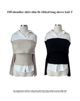 Off-shoulder color scheme shirt slim fit ribbed long sleeve knit T (2 colors)