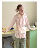 UnsocialNight2025 Autumn New Polka Dot Pleated Stitching Pink Doll Collar Loose Long-sleeved Shirt