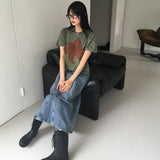 Taps Belt Set Slit Denim Long Skirt