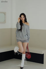 Unbalanced off-shoulder gray loose fit sweatshirt