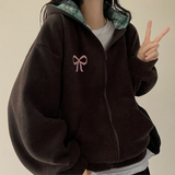 Check lining ribbon fleece hooded zip-up