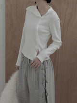 Sailor Collar Unbalanced Button Ribbed T-Shirt