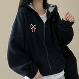 Check lining ribbon fleece hooded zip-up