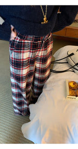 Cotton Check Casual Wide Pants