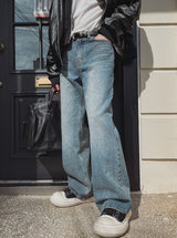 Crystal lettering washed denim pants