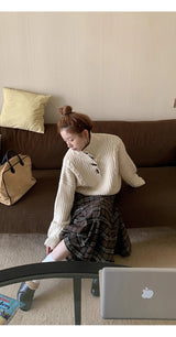 high-neck button bold ribbed loose fit knitwear