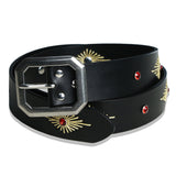 crystal stud & wax thread leather belt black