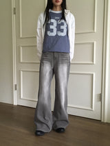 Watton back cut washed gray long wide denim pants