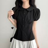 Dike Round Collar Puff Sleeve Vertical Slit Short Sleeve Blouse (2 Colors)