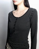 Henley Neck Long Sleeve Stripe Black