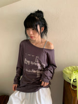 ガウス ルーズフィット プリンティング オフショルダー ロングスリーブ Tシャツ