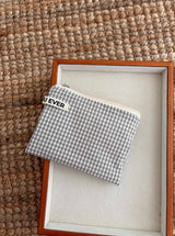 Gingham check flat pouch - gray , M size