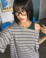 Mats Stripe One Off-Shoulder Oversized Fit Short-Sleeved T-Shirt