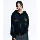 Multi-Print Crop Hoodie Zip-Up - Navy