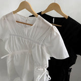 Memory Round-Neck Drawstring Shirring Summer Blouse 2 Colors