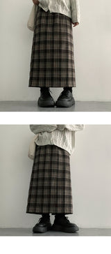 Zinya Back Slit Checkered Long Skirt