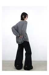 RELABEL (Vision) Lightweight, velvety-textured striped patchwork long-sleeved T-shirt with a wet-look finish, studded details and a scoop neck