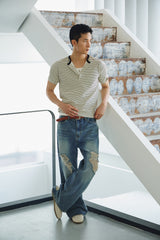 Stripe slim henley neck half t-shirts(Ivory)