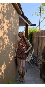 brown ethnic sleeveless skirt two-piece