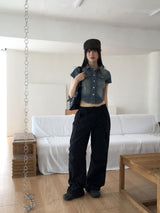 Markle Pocket Slim Washed Crop Denim Short Sleeve Shirt
