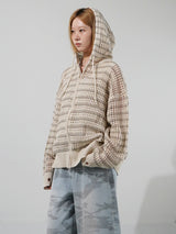 (UNISEX) Mesh Stripe Cropped Zip-up Knit