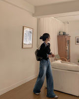 Fleece wide denim pants