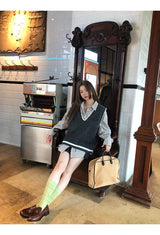 French checkered pocket loose fit long-sleeved shirt