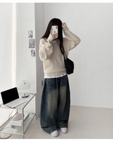 カウイング レザー パッチ ブイネック ルーズフィット ブイニット
