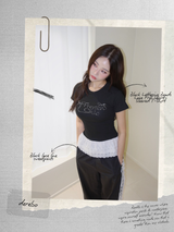 Black Lettering Beads Lace Frill Short-Sleeved T-Shirt