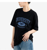 オーバーフィットクルーネックユニバーシティカーモ半袖Tシャツ ブラックブルー