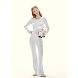 [GirlyFancyClub]little milk leopard* milk skin baby blue hoodie leopard print t-shirt slim-fit slightly flared pants casual suit