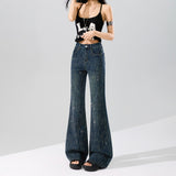 Dark Star Rhinestone Micro Flare Jeans – High Waist Relaxed Fit Wide Denim