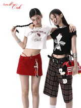 Y2KスタイルウエストシンチングスリムフィットプリントクロップトップストレートショルダーラウンドネックTシャツ