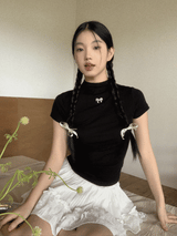 ハーフタートルネックブラックリボンショートスリーブtシャツ