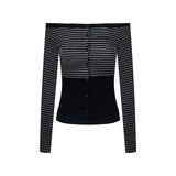 Off-Shoulder Button-Up Stripe Knit 232514000