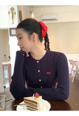 Twisted frill knit long-sleeved cardigan
