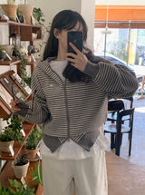Muse Border Pattern Loose Knit 2WAY Hood Zip-up (2color)