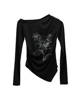 Ink Painting Flower One-Shoulder Off-Tee