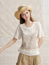Tweed Lace Layered Faux Two-Piece Bustier Tee