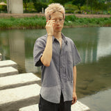 Linen denim work half shirts / Ash purple
