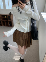 First Muse Off-Shoulder Front Button Long Sleeve Knit Top (2 Colors)